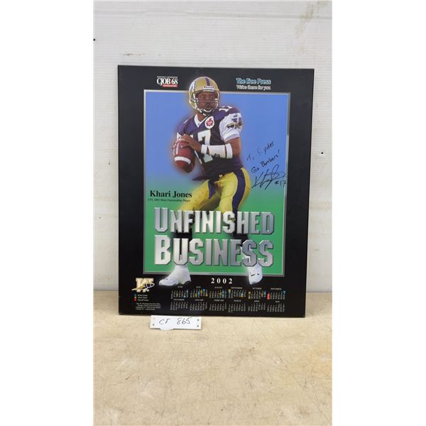 Khari Jones “Unfinished Business” 2002 CFL Calendar, Autographed, 17 × 22”