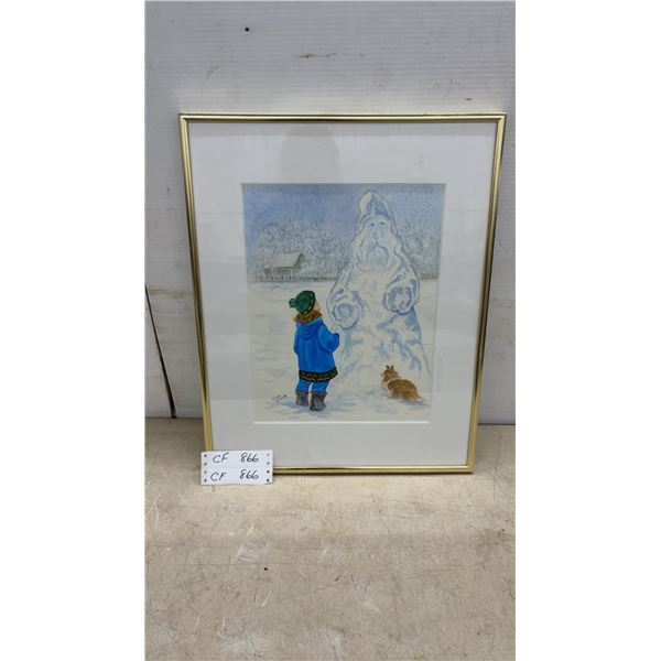 Michelle Palancette Watercolor: "Snowman" Framed Art, 20 × 16”