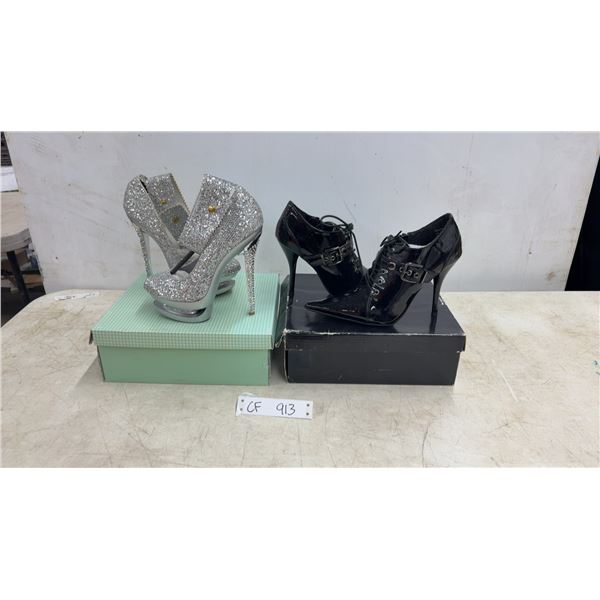 Silver Glitter Platform High Heels Size 5 1/2 and Black Lace-Up Ankle Boot Heels Size 7