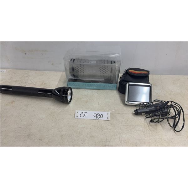 Maglite Flashlight, Proscan Rugged Waterproof Bluetooth Speaker, and Portable GPS
