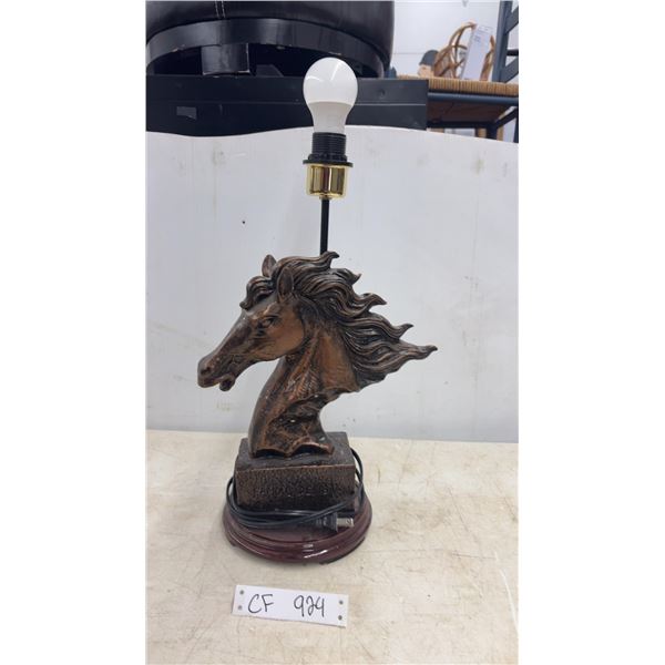Bronze-Finish Horse Head Sculpture Table Lamp on Wooden Base- Approximately 21.5” Tall