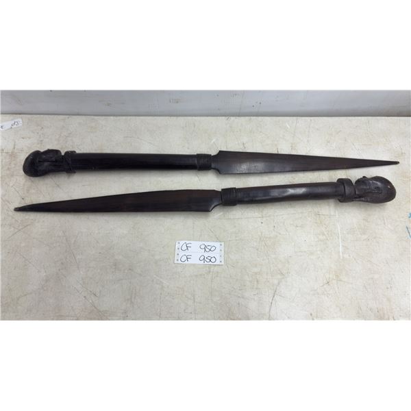 Pair of African Hand-Carved Wooden Figural Spears - Largest Approximately 36”