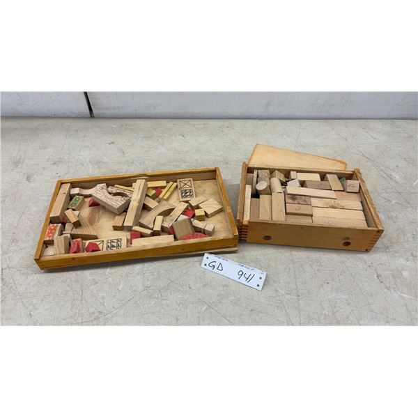 Vintage 1920’s Wooden Architectural Building Block Sets in Two Wooden Boxes, Assorted Shapes and