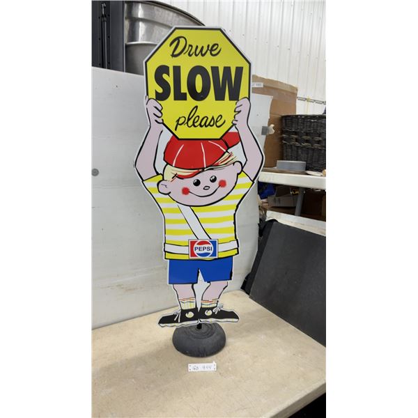 Vintage Pepsi "Drive SLOW Please" Boy Sign with Stand, 50” Tall