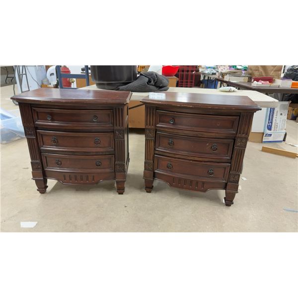 Pair of Dark Wood Nightstands Three-Drawer Fluted Columns with Ring Pulls, 30 × 18 1/2 × 30”