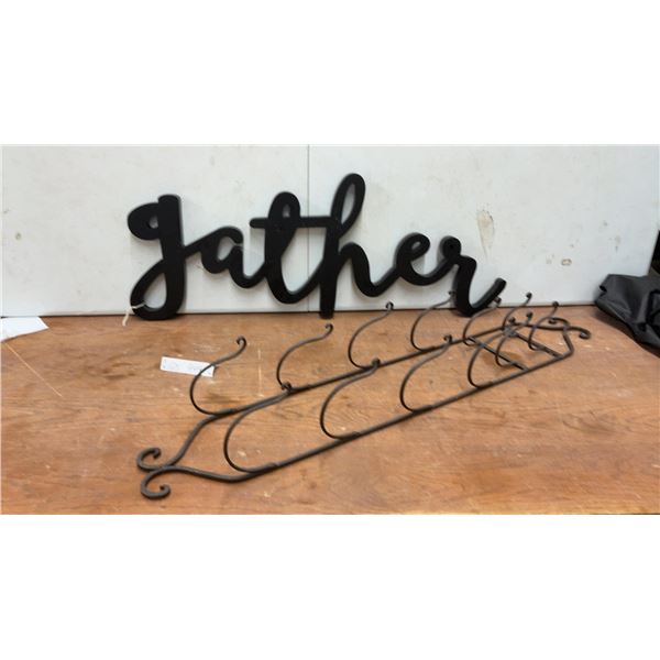 Black Cursive 3D Gather Wall Sign, 13 1/2 × 36” and Metal Hanging Wine Rack With Scrolled Ends
