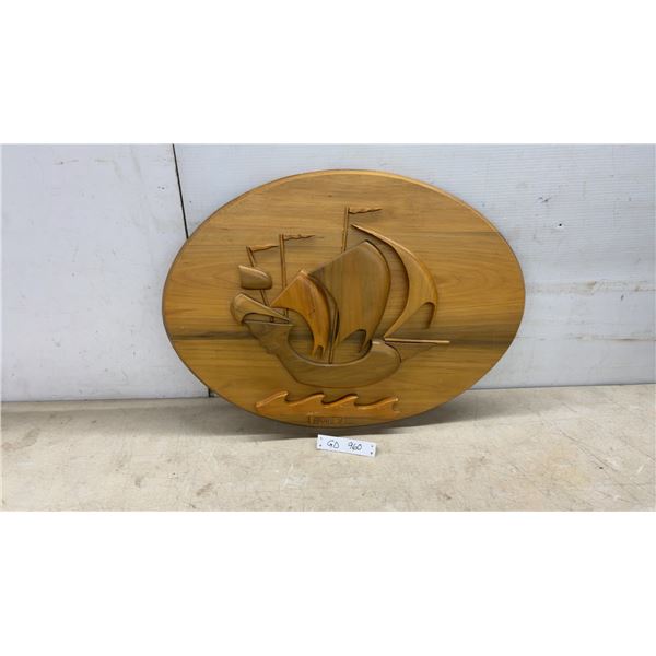 Vintage William Byrd 1975 Carved Wooden Oval Wall Plaque with Ship and Sails Relief, 20 × 27”