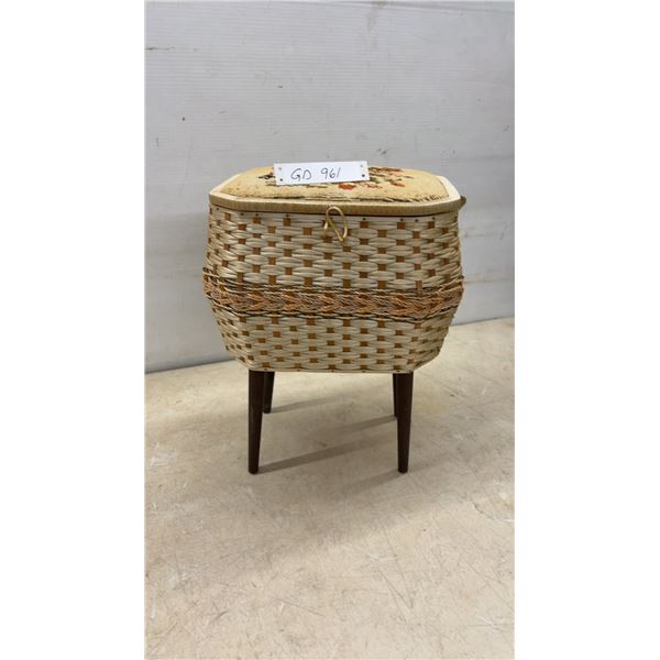 Vintage Mid-Century Woven Rattan Standing Sewing Basket with Needlepoint Floral Lid