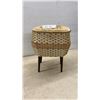 Image 1 : Vintage Mid-Century Woven Rattan Standing Sewing Basket with Needlepoint Floral Lid