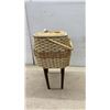 Image 2 : Vintage Mid-Century Woven Rattan Standing Sewing Basket with Needlepoint Floral Lid