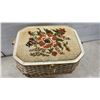 Image 3 : Vintage Mid-Century Woven Rattan Standing Sewing Basket with Needlepoint Floral Lid
