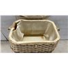 Image 4 : Vintage Mid-Century Woven Rattan Standing Sewing Basket with Needlepoint Floral Lid
