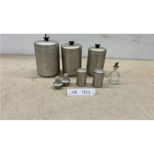 Vintage Mid-Century Aluminum Kitchen Canister Set, Shakers, and Glass Cruet With Horse Stopper