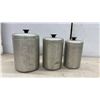 Image 2 : Vintage Mid-Century Aluminum Kitchen Canister Set, Shakers, and Glass Cruet With Horse Stopper