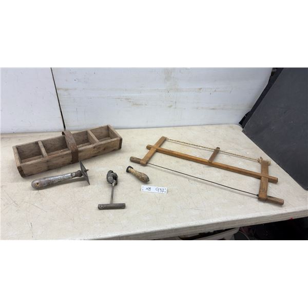Vintage Wooden Tool Caddy, Hand Trowel, Hand Drill, Bow Saw