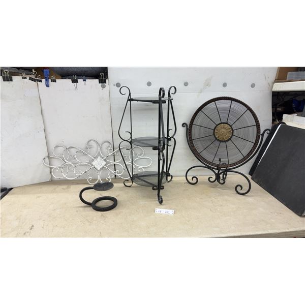 Wrought Iron and Rattan Display, 3-Tiered Stand, 28 × 16” with Glass Shelves, Wall Decor, and