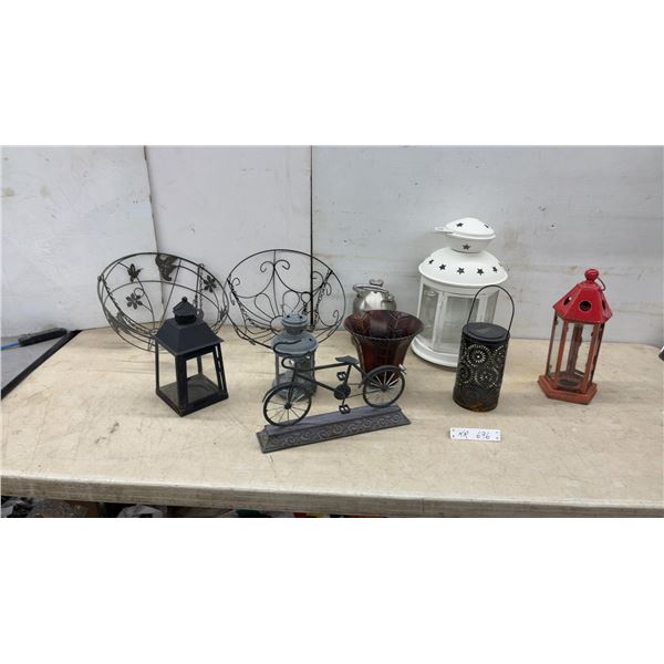 Assorted Lanterns and Hanging Baskets: (2) Metal Hanging Baskets, (1) Black Solar Lantern