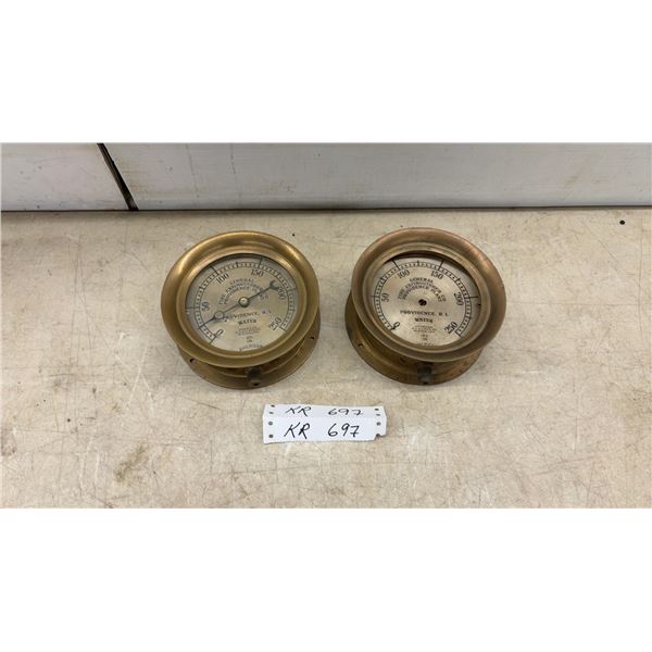 Two American Bourdon Brass Water Gauges, General Fire Extinguisher, 5.5” Diameter. One missing