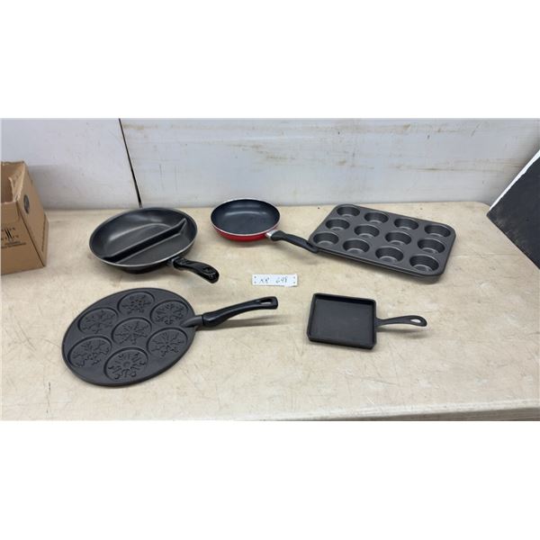T-Fal Divided Fry Pan, T-Fal Fry Pan, Muffin Pan, Snowflake Pancake Pan, and Square Cast Griddle