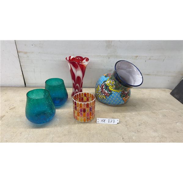 Assorted Glass and Ceramic Vases and Planters: Red and White Swirl Vase, 3 Blue Crackle Glass Vases