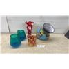 Image 1 : Assorted Glass and Ceramic Vases and Planters: Red and White Swirl Vase, 3 Blue Crackle Glass Vases