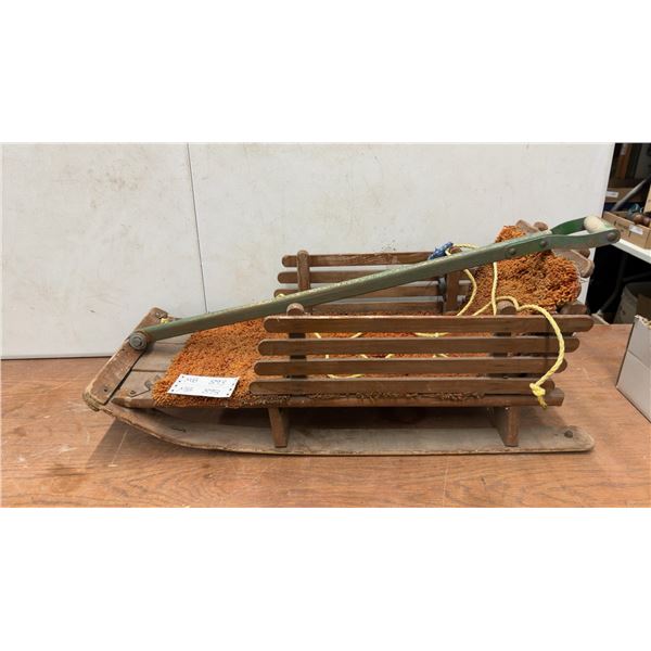 Vintage Wooden Sled with Steering Handle, Orange Shag Carpet Liner