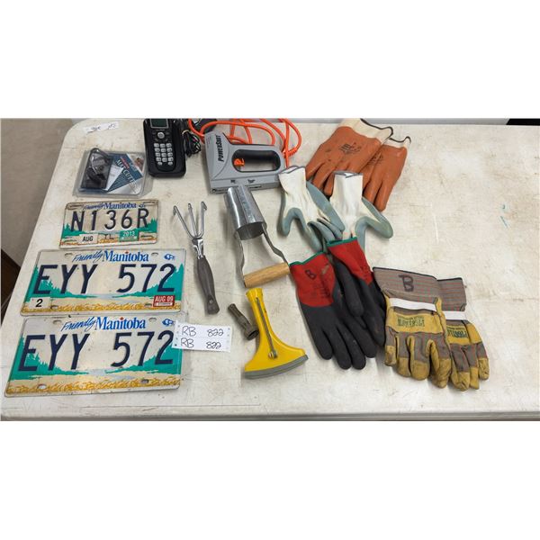 4 Pairs of Gardening Gloves, Cordless Phone, Manitoba License Plates, PowerShot Stapler