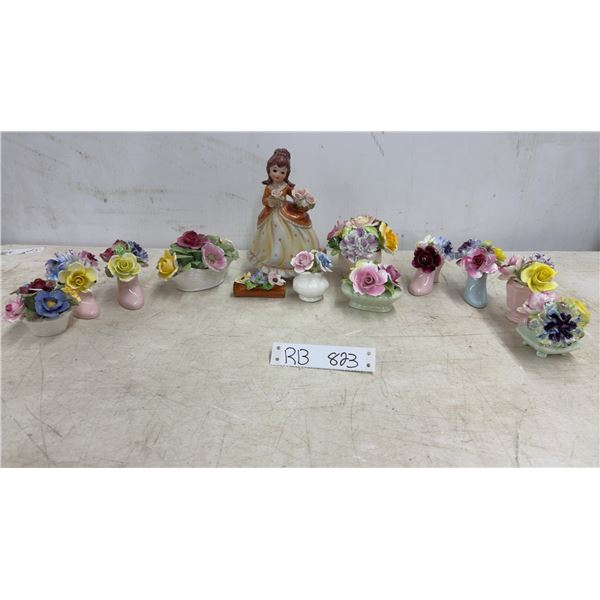 Porcelain Lady Figurine with Roses and Assorted Miniature Ceramic Floral Arrangements