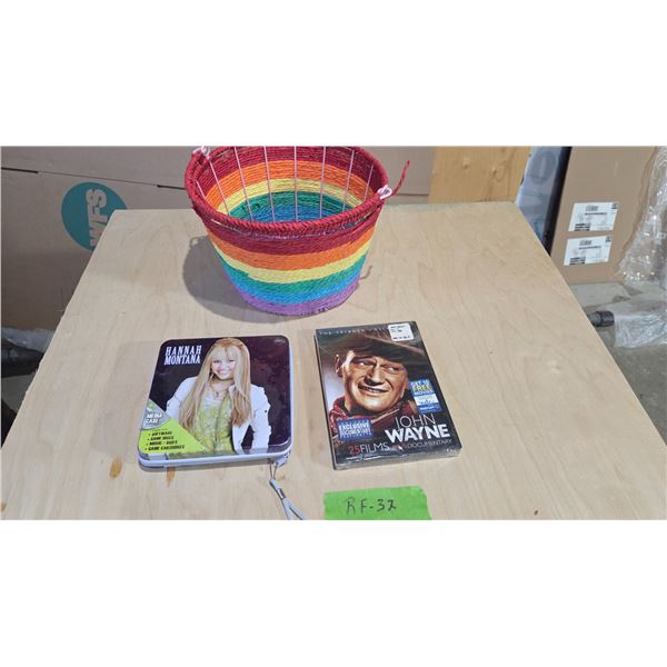 John Wayne Sealed DVD Tribute, Hannah Montana CD Holder, and Basket