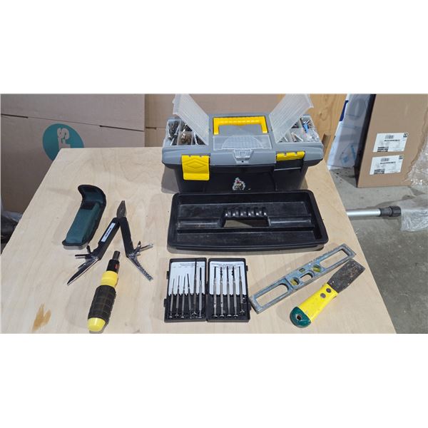 Tool Box with Precision Screwdriver Set, Pliers, Level, and Scraper