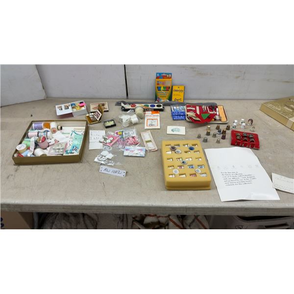 Sewing Lot: Thimble Collection, Thread Spools, Crayons, Watercolors, Pins, Ribbons