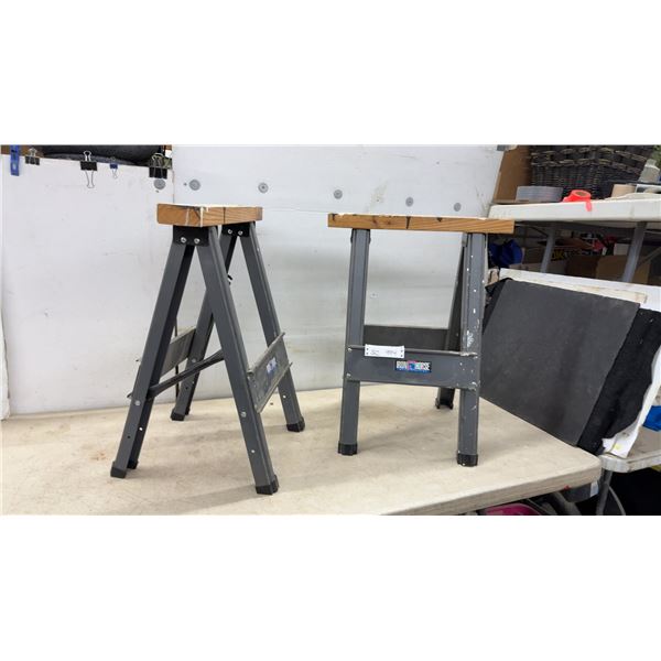 Pair of Iron Horse Work Systems Foldable Sawhorses with Wooden Tops
