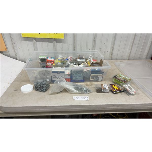 Bin of Assorted Hardware Including Screws, Nails, Anchors, Staples