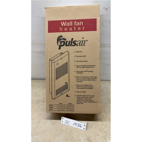 Pulsair RWF1002W Wall Fan Heater, 1000W, 240V, 1 Phase, White