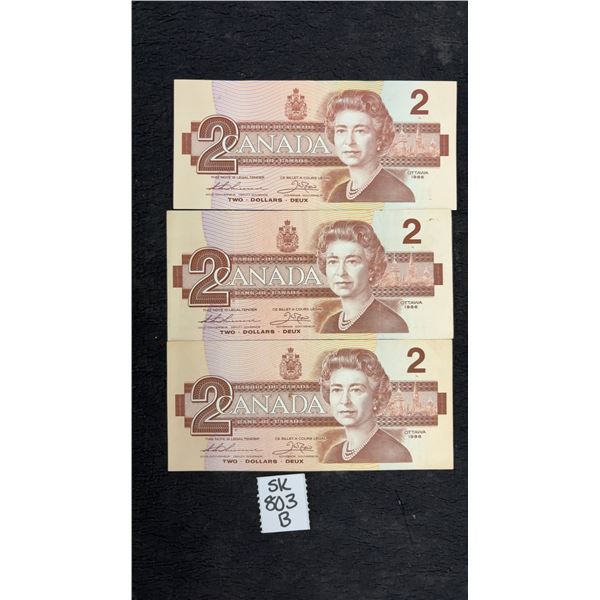 3 1986 Canada $2 Bills- Nice