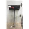 Image 1 : Black Metal Mailbox on Post with Red Flag and White Label