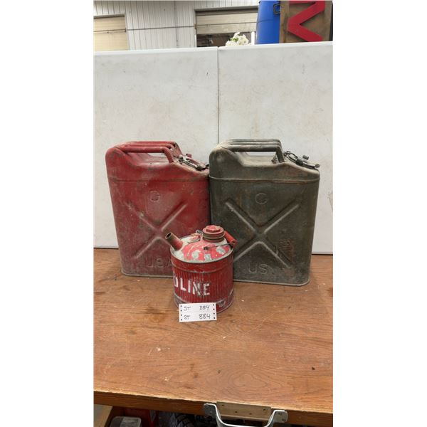 Three Vintage Metal Gas Cans: Two Military-Style Jerry Cans and One Small "Gasoline" Can