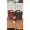 Image 1 : Three Vintage Metal Gas Cans: Two Military-Style Jerry Cans and One Small "Gasoline" Can