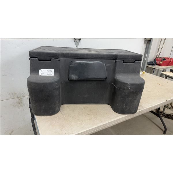 Black Plastic ATV Rear Storage Box with Padded Backrest, Reflectors, and Tie-Down Straps