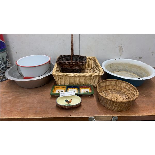 Assorted Kitchenware: Enamel Bucket, Aluminum Basin, 3 Wicker Baskets, and Rooster Dishes