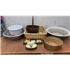 Image 1 : Assorted Kitchenware: Enamel Bucket, Aluminum Basin, 3 Wicker Baskets, and Rooster Dishes