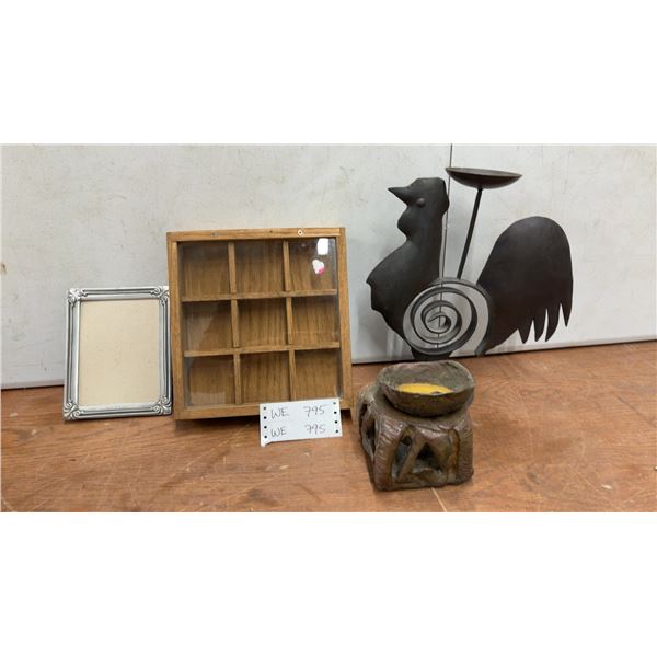 Metal Rooster Candle Holder, Shadow Box, Picture Frame, and Ceramic Oil Burner