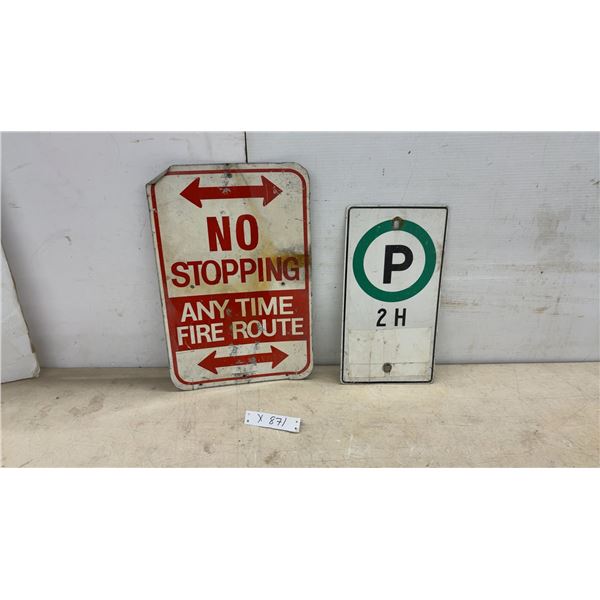Two Metal Road Signs: No Stopping Any Time Fire Route and 2 Hour Parking