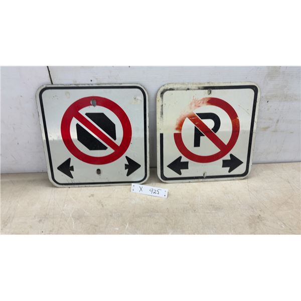 2 Vintage Metal Signs: No Parking and No Stopping, 12 × 12”