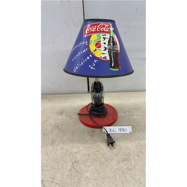 Coca-Cola Novelty Table Lamp with Contour Bottle Base and Blue Logo Shade, 16” high