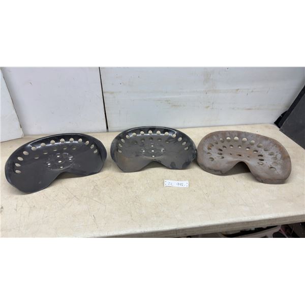 Vintage Perforated Steel Pan Tractor Implement Seats, Set of 3