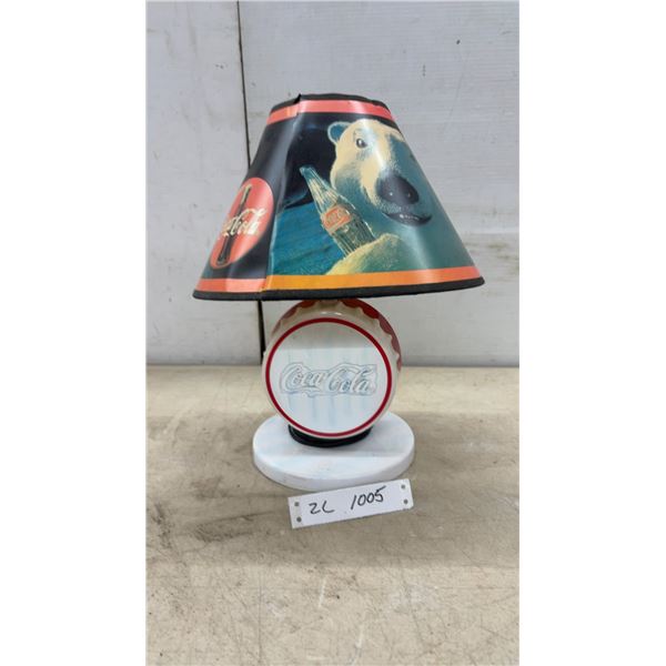 1997 Coca-Cola Table Lamp with Polar Bear Shade and Bottle Cap Base, 14” High