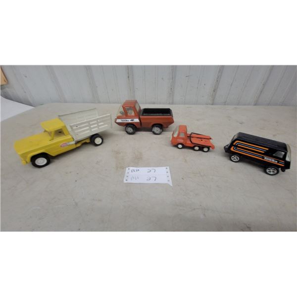 Tonka Yellow Dump Truck, Orange Dump Truck, Orange Pickup Truck, and Black Van