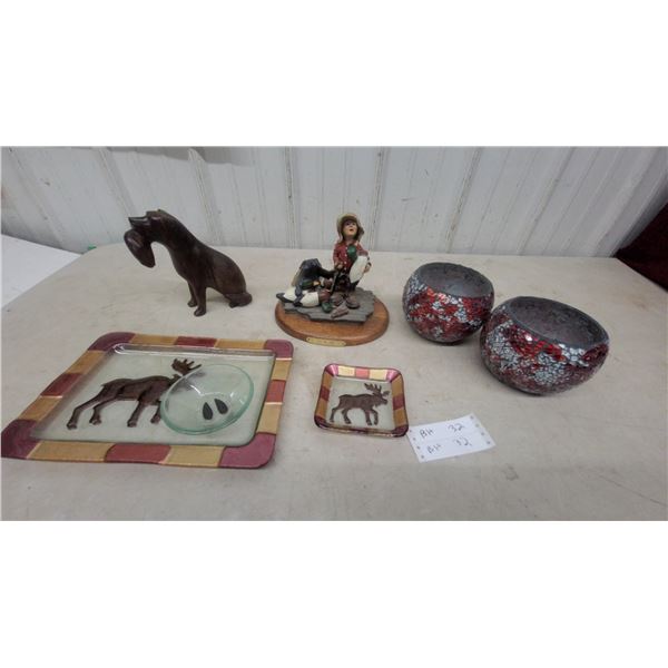 Ducks Unlimited Carved Wood Dog, Mosaic Bowls and Glass Trays