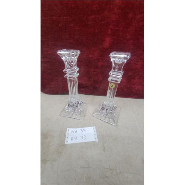 Pair of Waterford Crystal Candlesticks with Square Faceted Base and Fluted Stem